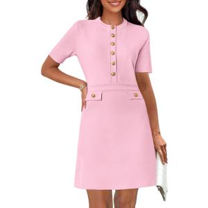MEROKEETY Women's Summer Bodycon Sweater Dress Business Casual Outfis Short Sleeve Knit Button Formal Elegant Work Dress (Pink), Medium