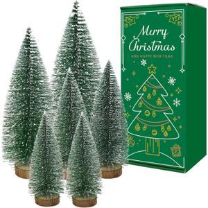 6 Pcs Small Christmas Trees Bottle Brush Christmas Trees Christmas Decorations, Small Christmas Pine Tree with Wooden Base for Christmas Table Decorations (4 Size)