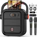 JYX Karaoke Machine with 2 Wireless Microphones, Portable Bluetooth Speaker PA System with Shoulder Strap, Subwoofer Support TWS, USB, Radio, AUX, REC, Bass & Treble for Home Party/Meeting/Adults/Kids (Black)