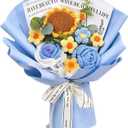 Crochet Flower Bouquet, Knitted Flowers, Artificial Sunflower Crocheted Flowers Crochet Roses for Lover Anniversary Birthday Party Mother's Day Wedding Graduation Gifts (Blue)