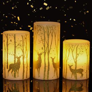 GenSwin Flickering Flameless Candles Battery Operated with 6 Hours Timer, Real Wax Led Pillar Candles Deer Decal Warm Light, Pack of 3 Christmas Home Decor (Deer-Gold)