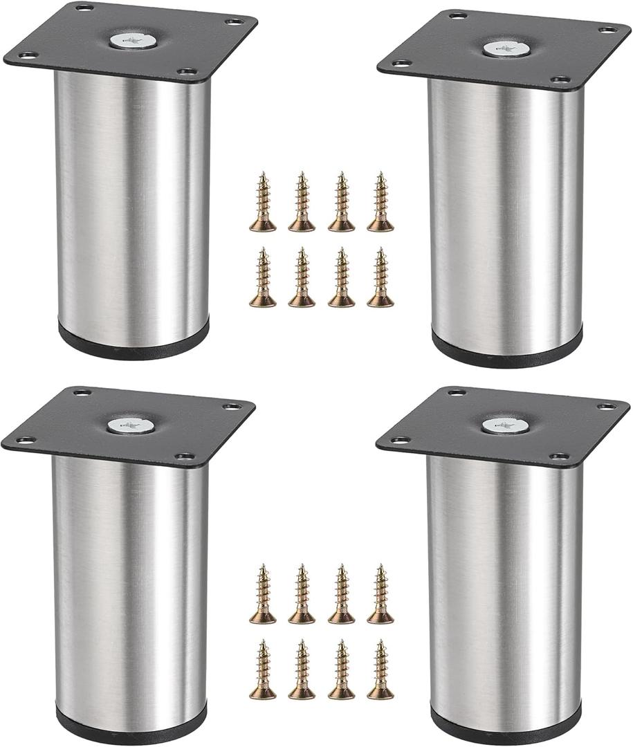 OwnMy 4PCS 4 Inch Stainless Steel Furniture Legs Feets Metal Cabinet Desk Legs, Silver Round Metal Furniture Risers Coffee Table Replacement Legs Heavy Duty Sofa Legs TV Stand Legs Dresser Chair Legs