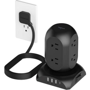 TESSAN Surge Protector Power Strip Tower, Flat Plug Extension Cord 10 Ft with 8 AC Multiple Outlets 4 USB Ports (1 USB C), 1050J Protection Desk Charging Station for Home, Office, Dorm Room, Black (Square Bottom)