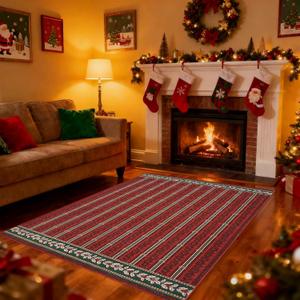 GarveeHome Christmas Rugs 3x5, Entryway Machine Washable Rug with Non Slip Backing, Low-Pile Stain Resistant Doormat for Indoor Outdoor Hallways Kitchen Bathroom Bedroom Red