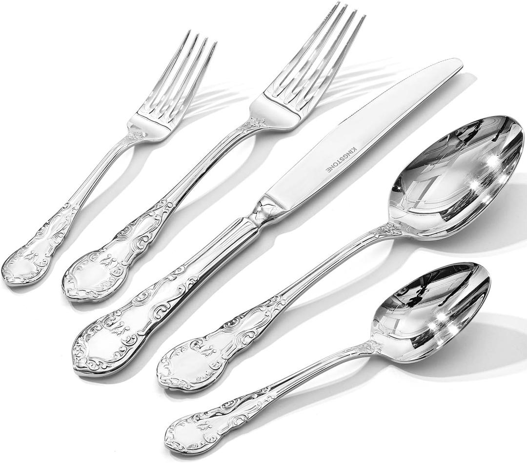 KINGSTONE Vintage Silverware Set, 40-Piece 18/10 Stainless Steel Retro Royal Flatware Cutlery Set for 8 with Carved Thick Handles, Tableware Utensils for Home,Party,Restaurant,Wedding,Dishwasher Safe