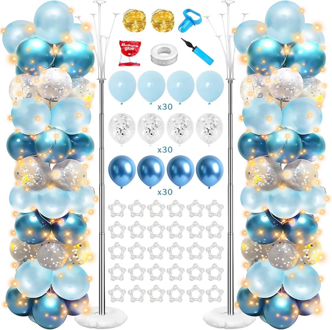 Balloon Column Stand Kit with String Lights, 2-Piece Adjustable Tower Pillar for Birthday, Wedding (Blue)
