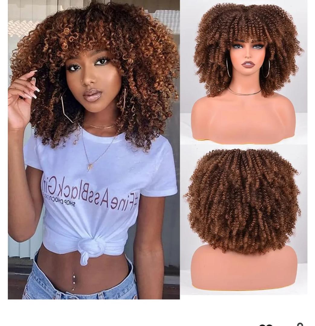 Afro Wigs for Black Women Kinky Curly Hair Wig about 280g/Piece Afro Synthetic Full Wigs Soft and Fluffy Like a Bomb 12 Inches Short Kinky Curly Hair (Ombre Brown)