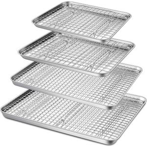 P&P CHEF 16 + 12.5 + 10.4 + 9 Inch Baking Sheet and Rack Set, 8Pcs Stainless Steel Cookie Sheets Oven Baking Pans Trays with Cooling Racks for Cooking, Oven & Dishwasher Safe, Pans with Grid Racks