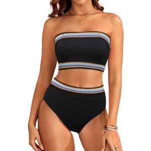 Daci High Waisted Bandeau Bikini Set - Women Strapless Two Piece Swimsuits Ribbed Full Coverage Bathing Suits Swimwear (Medium, Black)