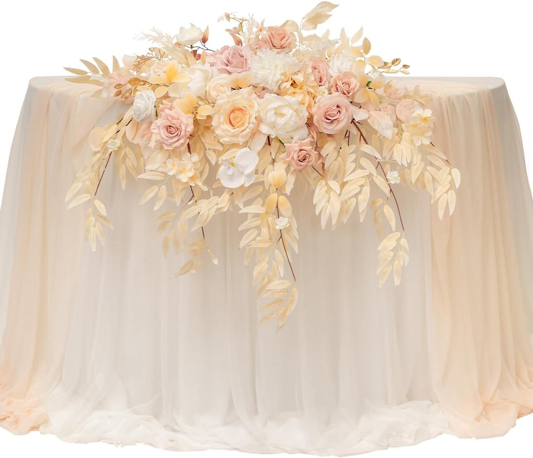 TINGE TIME Artificial Sweetheart Flower Swag with Tablecloth and Table Runner, Pack of 3 Floral Arrangement for Wedding Sweetheart Table Centerpiece Decoration (Champagne&Pink)