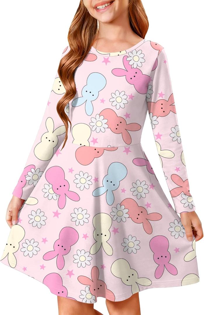 Easter Dress for Girl Bunny Rabbit Graphic T-Shirts Kids Girls Long Sleeve A Line Dresses 5-12 Years (Pink)