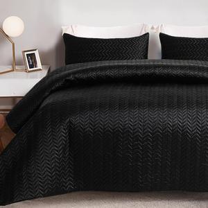 Whale Flotilla Silky Soft Satin Quilts Queen Size, Luxury Reversible Lightweight Bedspreads Covelets for All Seasons, Leaf Stitched Pattern Bedding Set with Satin Pillowcases, Black (Full/Queen(94"x88"))