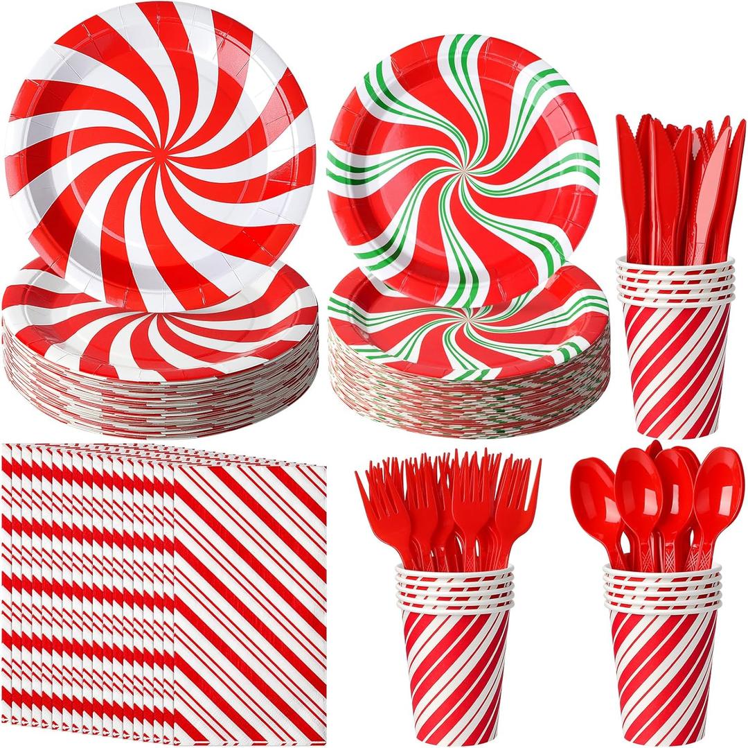 Jectivs Christmas Candy Cane Party Plates Supplies,Christmas Disposable Tableware Peppermint Swirl Red Green Paper Plate Napkins Cup Knives Spoon Fork New Year Christmas Holiday Party Decor Serve 25 (175Pack)