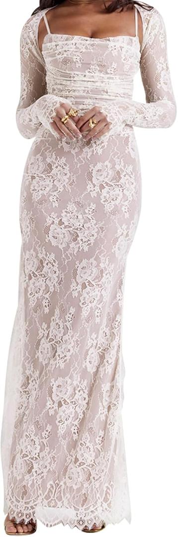 Women Vintage Cream Lace Maxi Dress Romantic Long Sleeves Lace Bodycon Dress (Medium, White)