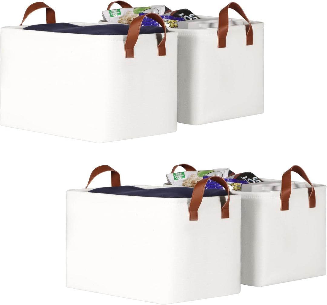 KEEGH Storage Baskets for Organizing, Fabric Storage Bins with Leather Handles, Shelf Baskets for Closet Organization, 15" L x 11" W x 10" H, White, 4 Pack
