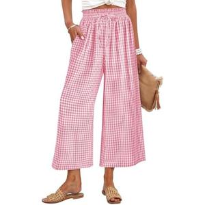 ANRABESS Womens Striped Gingham Palazzo Capri Pants Pajama Wide Leg Lounge Trousers Plaid Cute Crop PJ Bottoms with Pockets S
