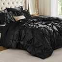 BEDELITE Satin Comforter Set King Size, 7 Pieces Pintuck Bed in A Bag with Comforter, Flat Sheet, Fitted Sheet, Pillowcases, Shams, Soft Cozy Similar to Silk Bed Set for All Seasons (Black)