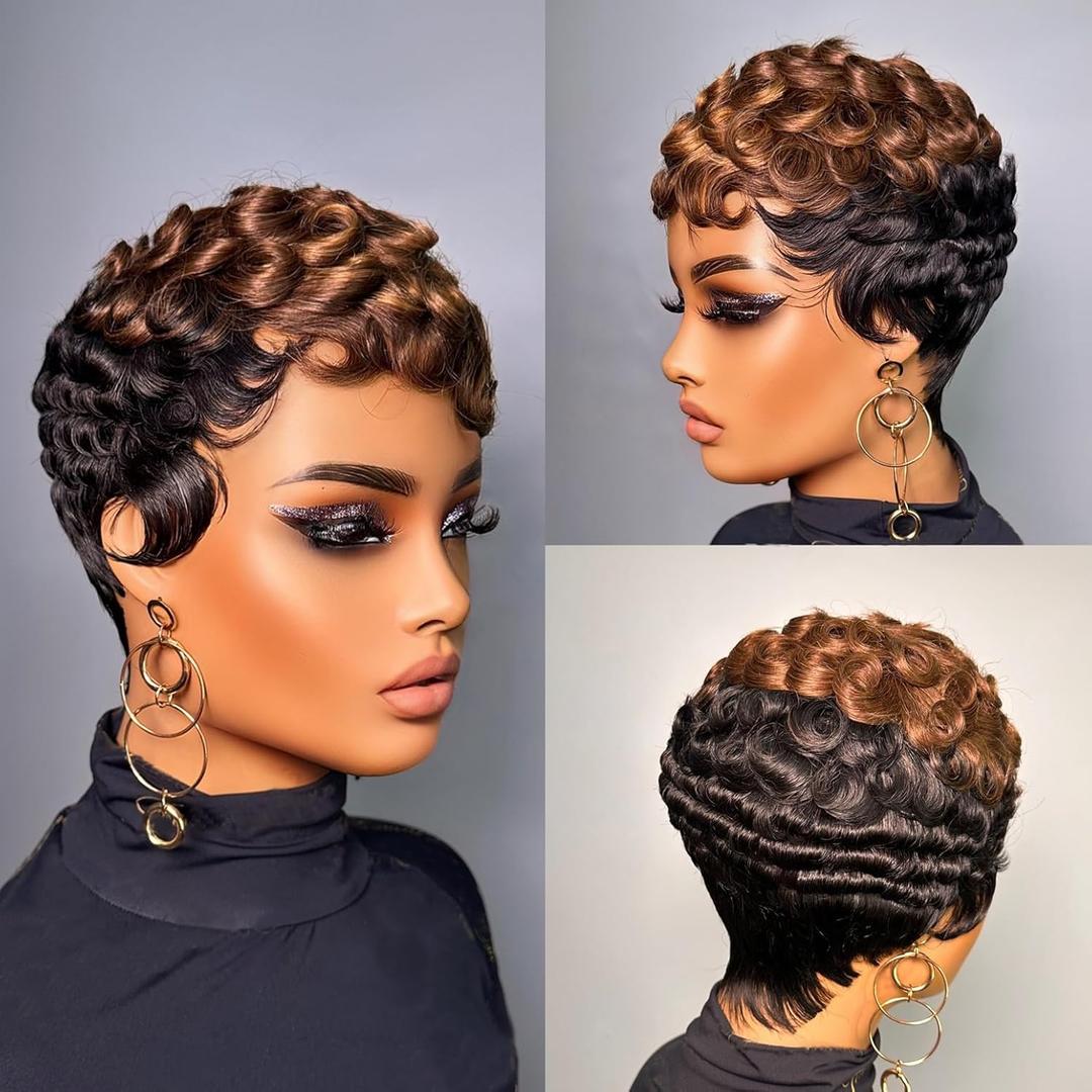 VRZ Short Pixie Cut Wigs for Black Women Glueless Pixie Cut wig Human Hair Black Color with Honey Blonde Brown Short Layered Brazilian Virgin Human Hair Wig for Women Color 1B/4/30# Full Machine Made (T69#RK Color)