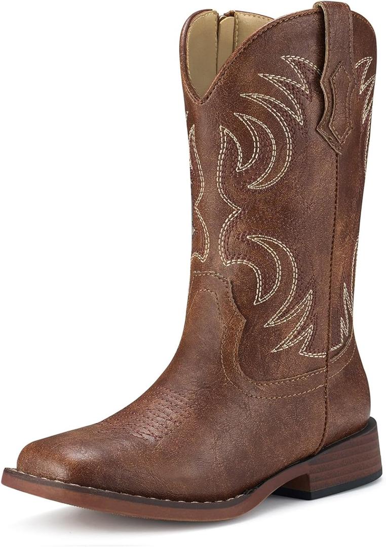 Rollda Boys Cowboy Boots, Kids Cowboy Boots with Square Toe, Girls Cowgirl Western Boots for Toddler/Little Boys/Big Kids, Size 4 