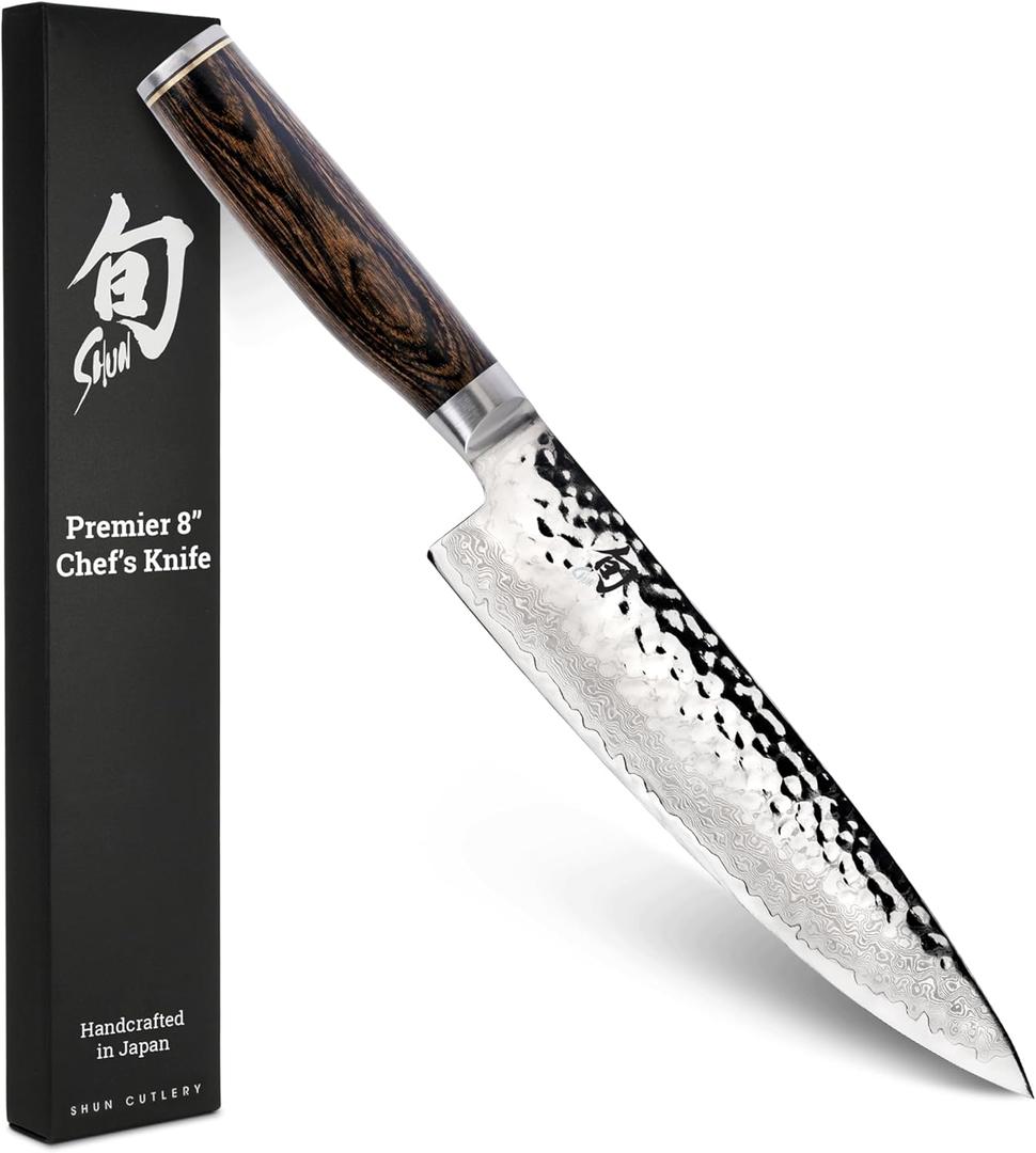 Shun Premier 8" Chef's Knife, Handcrafted Japanese Kitchen Knife for Professional and Home Chefs, VG-MAX Core with Damascus Stainless Steel Cladding, Pakkawood Handle