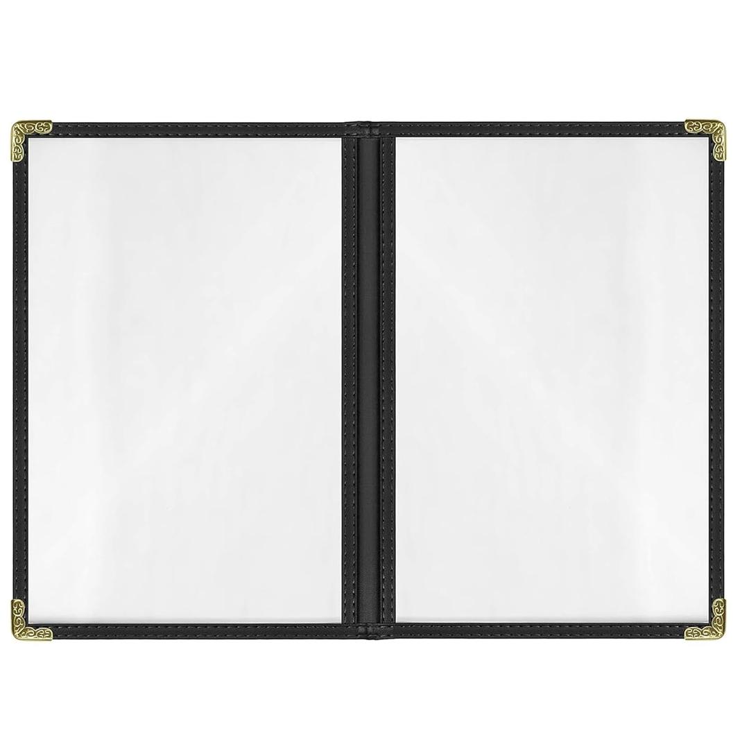 25 Pack Menu Covers 5.5" x 8.5" - Black 2-Page (4-View) Side-Loading Vinyl Double-Stitched Edge, Covers with Clear Sleeves & Metal Corners for Restaurants, Cafes & Diners