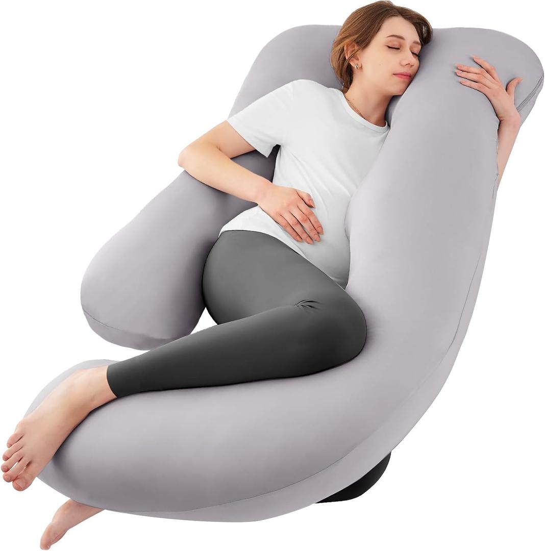 Sasttie Pregnancy Pillows for Sleeping, U Shaped Cooling Full Body Pillow with Removable Cover, Pregnant Women Must Haves, Maternity Essential, Light Grey (57 Inch)