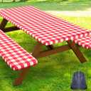 Smiry Picnic Table Cover with Bench Covers, Waterproof Elastic Fitted Tablecloths for 8 Foot Rectangle Tables, Washable Buffalo Plaid Tablecloth for Camping, Outdoor & Christmas (Red & White, 30"x96")