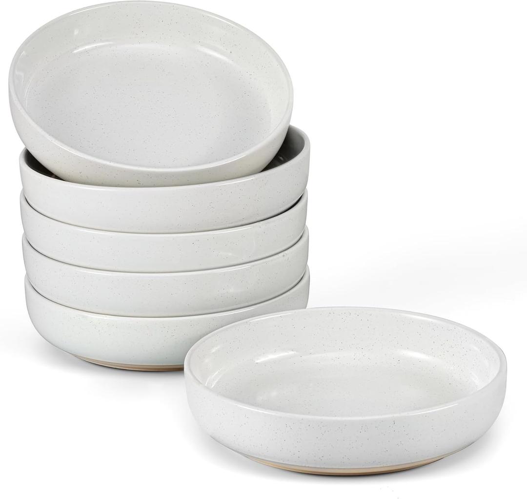 LIANYU Pasta Bowls Set of 6, 33oz Wide and Shallow Stoneware Salad Bowls, Large Serving Pasta Plates for Kitchen, Microwave and Dishwasher Safe, Snowy White