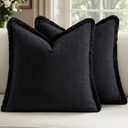 Woaboy Decorative Linen Fringe Throw Pillow Covers Boho Farmhouse Soft Euro Accent Pillowcases with Tassels for Bed Living Room Couch Sofa Bedroom,24x24 Inch Set of 2,Black