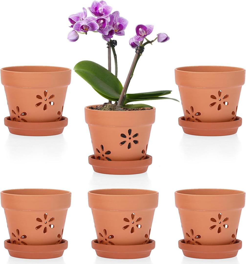 JUXYES Pack of 6 Small Terracotta Orchid Pots with Holes and Saucers, 4-Inch Clay Planter Pots for Indoor and Outdoor Use, Promotes Air Circulation