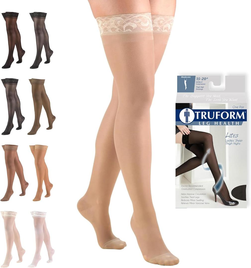 Truform Sheer Compression Stockings, 15-20 mmHg, Women's Thigh High Length, 20 Denier, Nude, Large