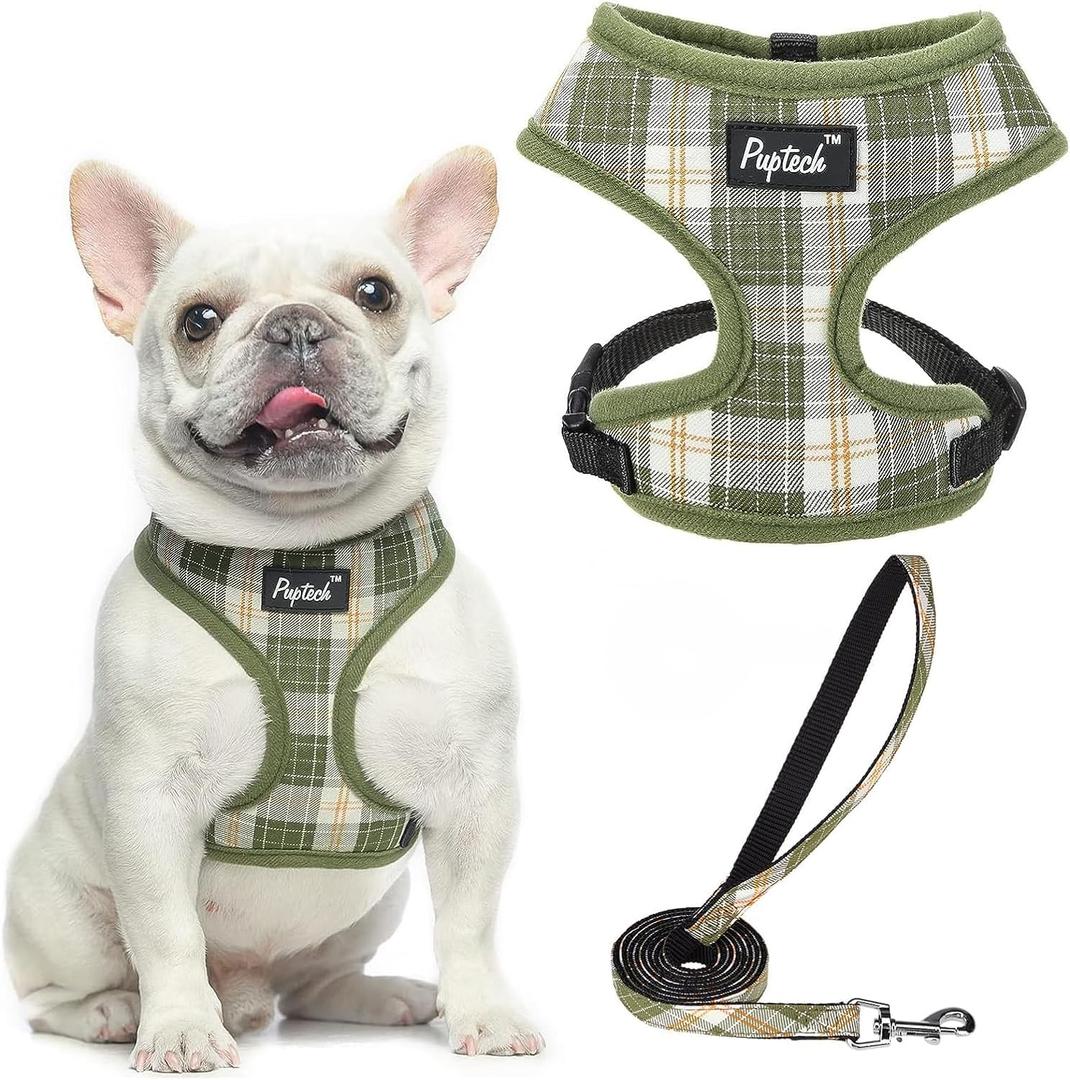 PUPTECK Soft Mesh Dog Harness and Leash Set Pet Puppy Cat Comfort Padded Vest No Pull Harnesses, Olive Green, M (M (NECK: 14", CHEST: 17"-21"))