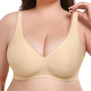 Xcutting Womens Deep V Bras Wireless Comfortable Bra No Underwire Bras T-Shirt Push Up Plunge Seamless Plus Size Bra (Large, Nude)