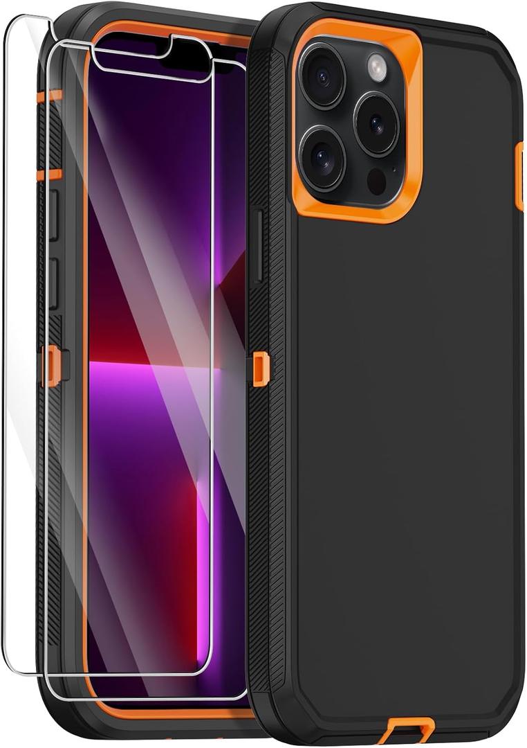 Annymall for iPhone 13 Pro Max Case with 2 Screen Protector,Shockproof Drop Protection Full Body Heavy Duty 3 Layer Military Rugged Durable Phone Cover for iPhone 13 Pro Max 6.7" (Black Orange)