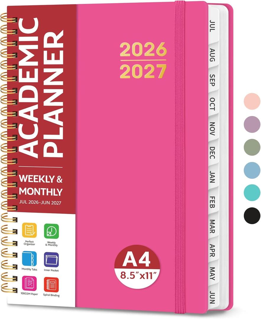Planner 2026-2027 for Women & Men, Academic Monthly and Weekly Calendar Planner, Jul 2026 - Jun 2027, A4 (8.5" x 11"), Teacher Student Planning Book with Tabs, Ideal for Office School Supplies - Berry Pink