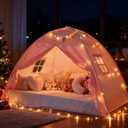 Sumbababy Toddler Bed Tent Canopy: Lights & Flags Indoor Floor Kids Play Tent Playhouse - Portable & Foldable Twin Bunk Bed Curtains - Twin Bed Tent for Girls Gifts (Pink)