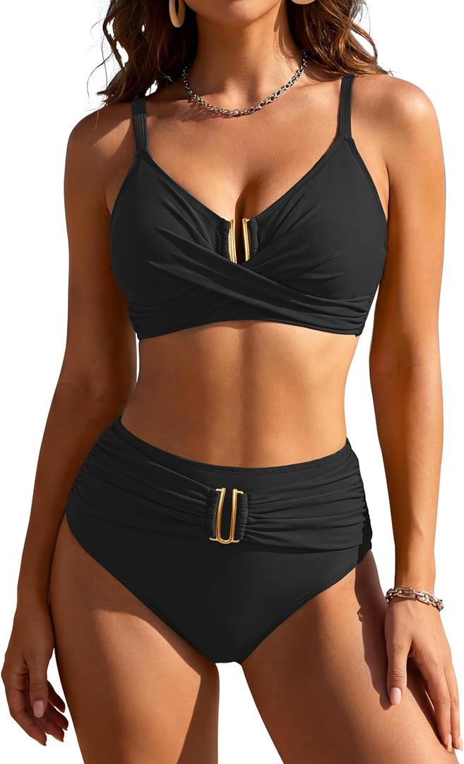 Blooming Jelly Women High Waisted Bikini Set Tummy Control Bathing Suit Summer Beach U-Wire Swimsuits (X-Large, Black)