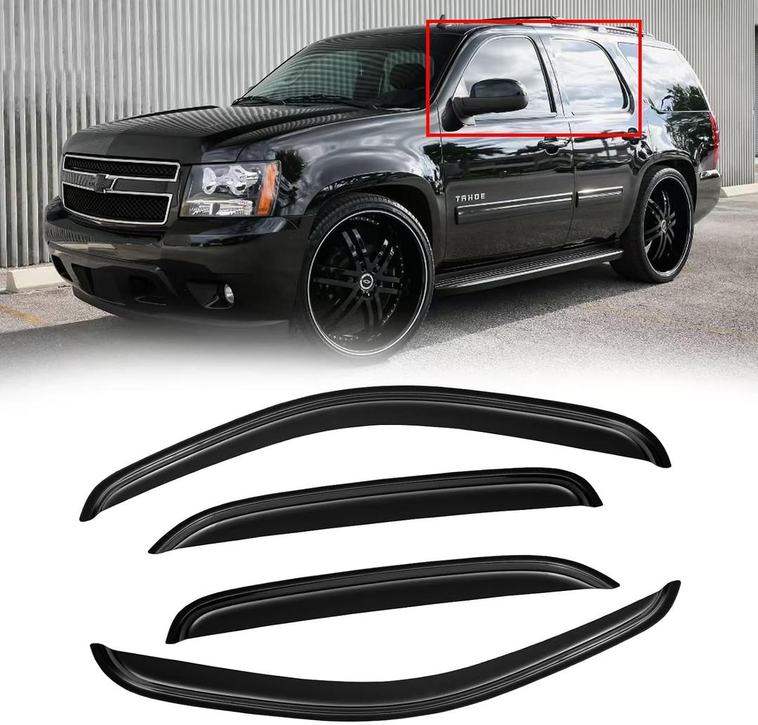 Window Visors for Chevy Chevrolet Tahoe & GMC Yukon 2007-2014 (Not fit Yukon XL), Rain Guards Shield Vent Deflector Shade Dark Smoke 2008 2009 2010 2011 2012 2013, Tape-On, 4PCS
