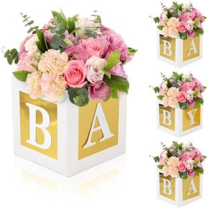 4 Pcs Baby Shower Flower Boxes Table Centerpieces Decoration Gold Baby Block Floral Holder Centerpiece Baby In Bloom Gender Reveal Birthday Party Decors Table Display Its A Girl Its A Boy