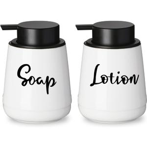 2 x LEETOYI Farmhouse Ceramic Soap and Lotion Dispenser Set with Pump 14oz for Bathroom (White)