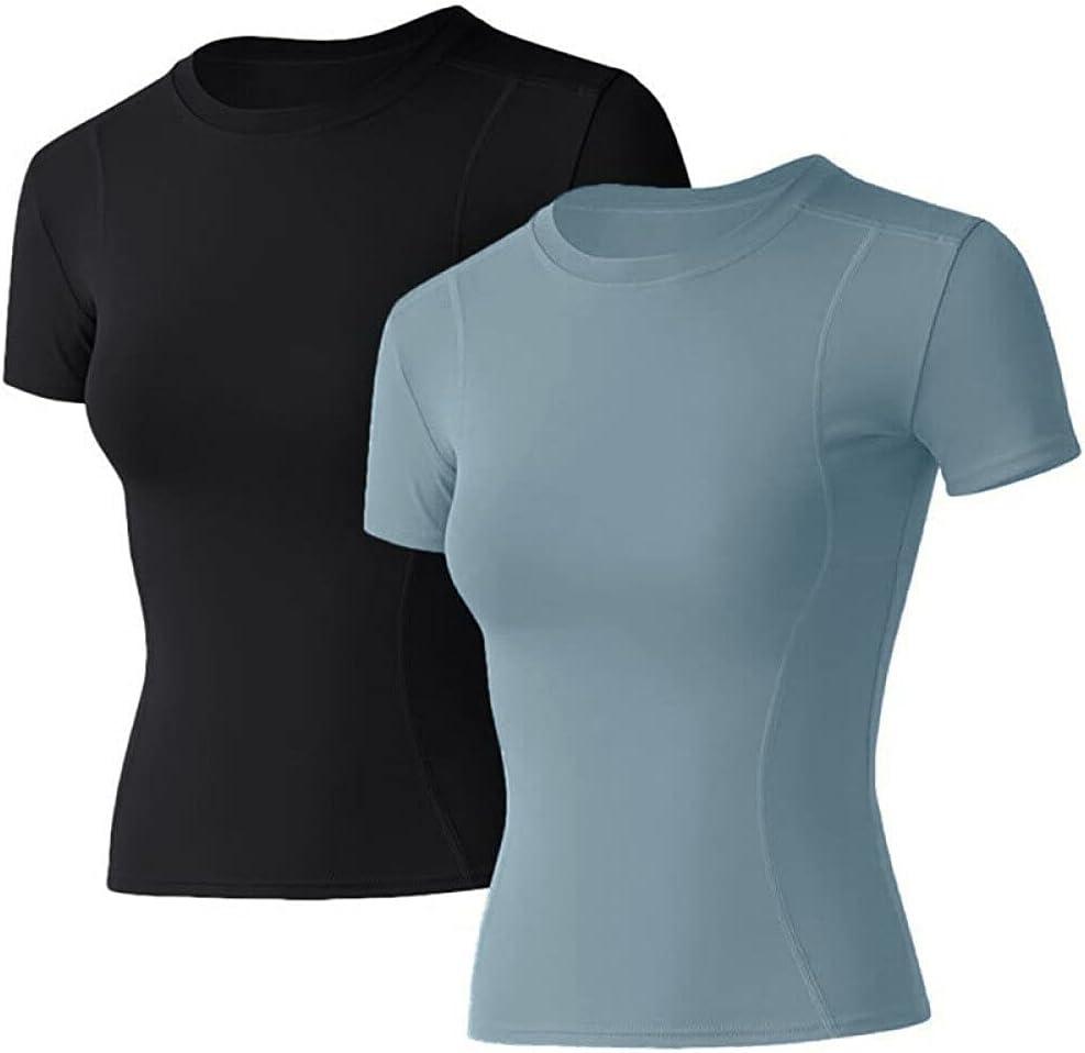 Loovoo Women Workout Shirts 2 Pack Athletic Compression Tee Dry Fit Yoga Gym Basic Tops, S