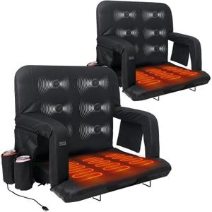 MZQLN Heated Massage Stadium Seats Pack of 2, 25 Inche Folding Bleacher Chair with 10000mAh Portable Power*2, 3 Levels of Heat&Massage, 6 Reclining Positions for Camping, Sports