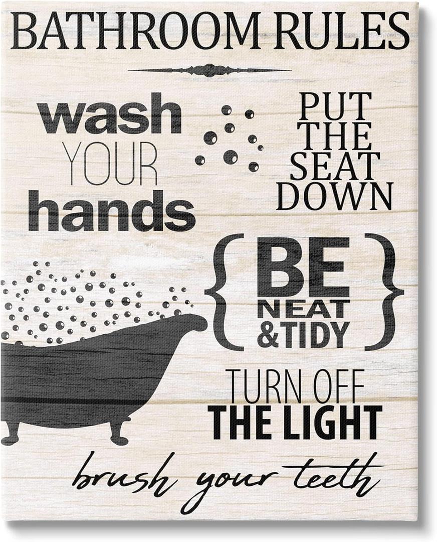 Stupell Industries Rustic Bathroom Rules Sign Wash Hands Typography, Design by Kim Allen (16 x 20)