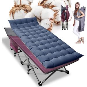 ABORON Folding Camping Cot W/Mat for Adults, Heavy Duty Outdoor Bed with Carry Bag,1200 D Layer Oxford Travel Camp Cots (1, Red Stripe with Blue Pad)