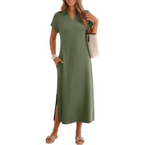 MEROKEETY Women's Summer Casual Maxi Dress 2026 Cap Sleeve V Neck Collared Beach Vacation T Shirt Long Dresses, Medium