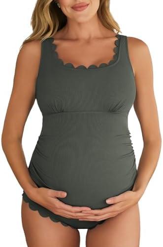 Summer Mae Ribbed Maternity One Piece Swimsuit Scalloped Cut Out Pregnancy Bathing Suit Square Neck, M Summer Mae Ribbed Maternity One Piece Swimsuit Scalloped Cut Out Pregnancy Bathing Suit Square Neck, M