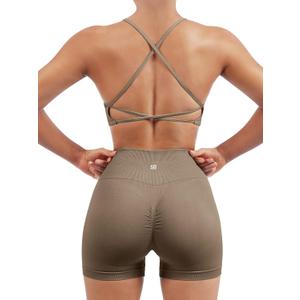 SUUKSESS Women Seamless Workout Sets Strappy Sports Bra High Waist Booty Shorts Outfits (4-6, #1 Dark Coffee)