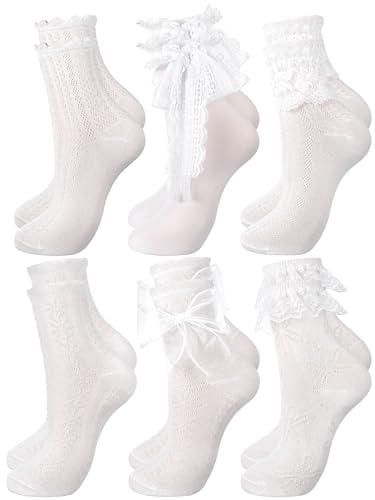 Fourluoo 6 Pairs Women's Ruffle Ankle Socks - Lace & Frilly Cute Breathable Thin Cool Casual Socks(White,5-9,Bow Tie)