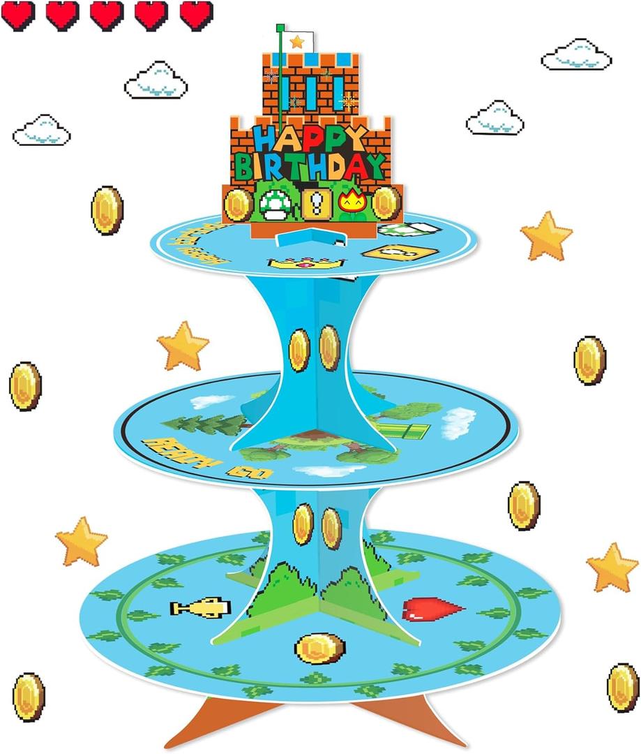 Super Brothers Party Cupcake Stand with Stars & Gold coin Cupcake Toppers 24pcs, Video Game Birthday Party Supplies for Kids Boy Birthday Cupcake Decoration Super Game Bros 3 Tier Cupcake Stand