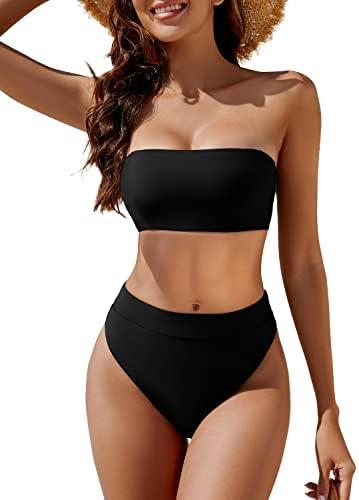YACUN Women's High Waisted Bikini Swimsuit Two Piece Strapless Bandeau Cheeky Bathing Suits, Extra Large, Black